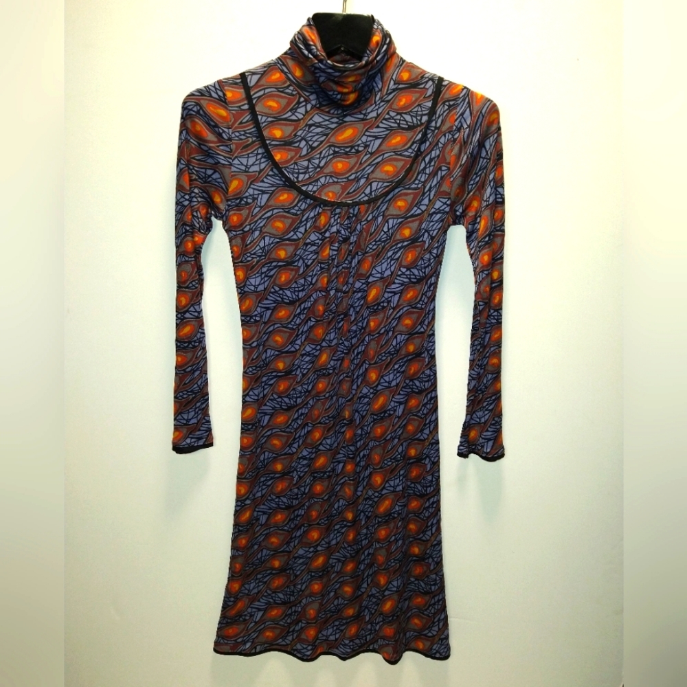 Prairie New York Long Sleeve Peacock Silk Dress Small Stretch Bodycon